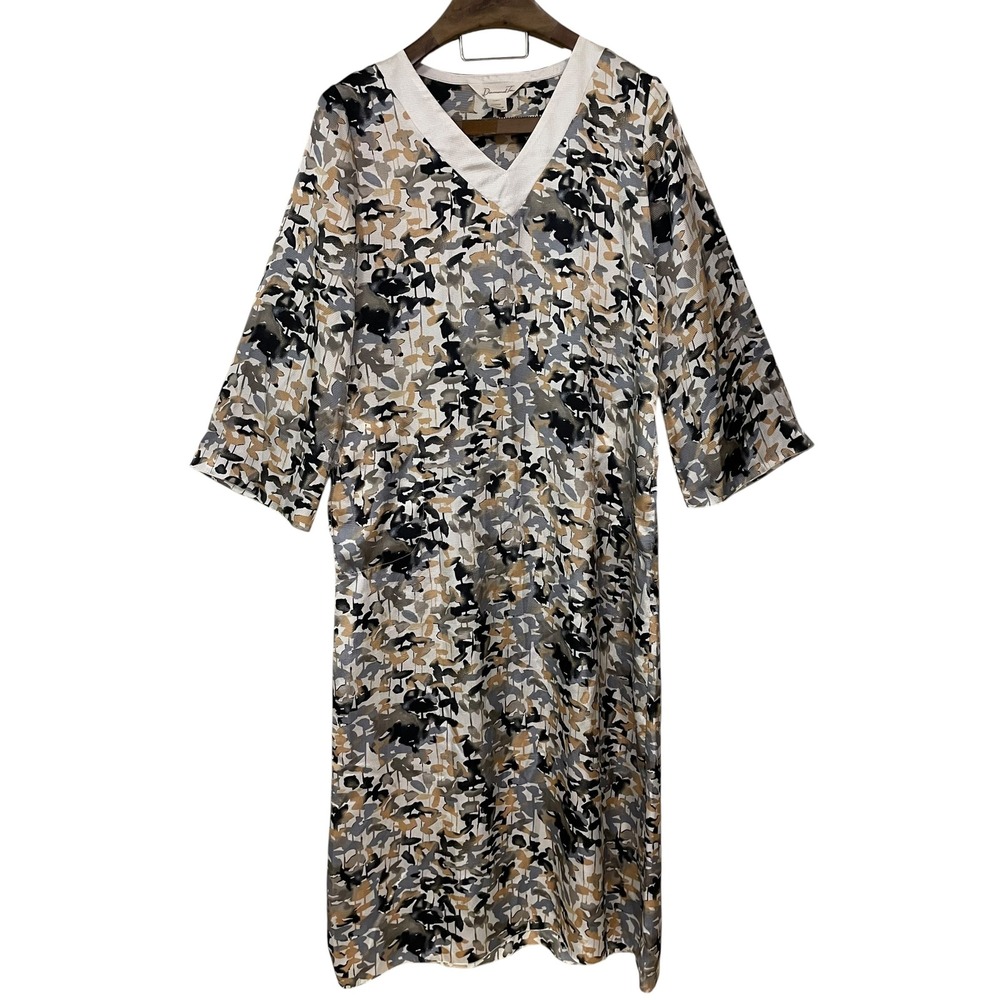 Diamond Tea Satin Leaf Print V Neck Caftan Lounge Oversized House Dress Comfy M